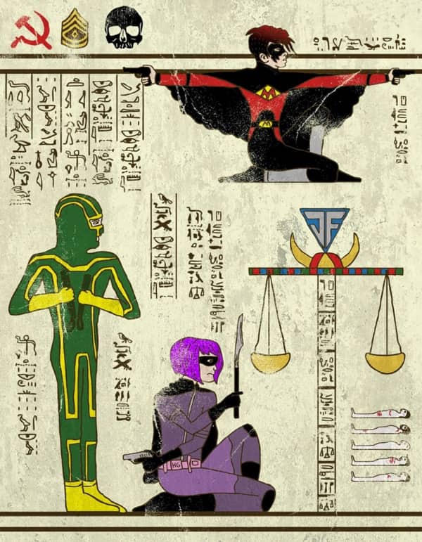 Pop culture hieroglyphs depicting the characters Hit-Girl, Kick-Ass, and Red Mist in an ancient Egyptian style.