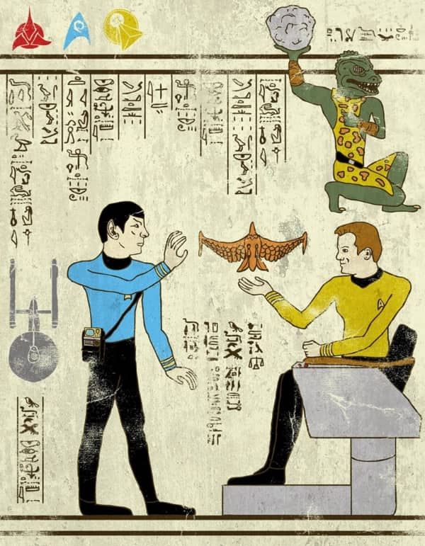 Star Trek pop culture hieroglyphs featuring Captain Kirk on his command chair and Spock gesturing.