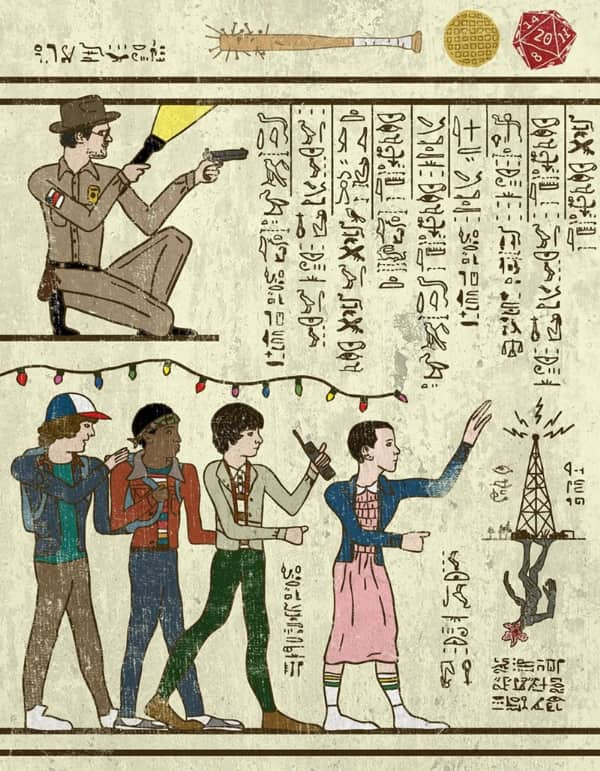 Stranger Things characters Eleven, Mike, Dustin, and Lucas depicted in an ancient Egyptian artistic style.