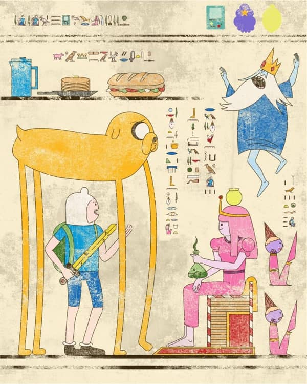 Adventure Time characters Finn the Human and Jake the Dog illustrated as pop culture hieroglyphs.