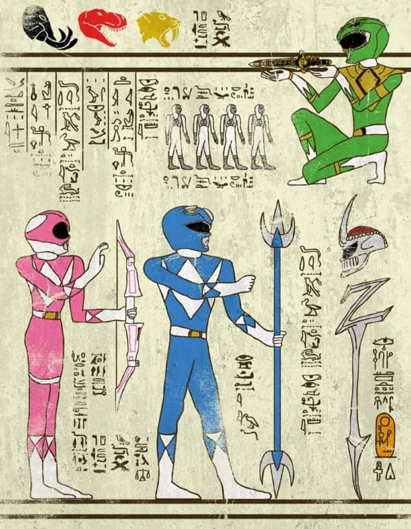 Power Rangers illustrated as ancient Egyptian hieroglyphs featuring the Green, Pink, and Blue Rangers with symbols.