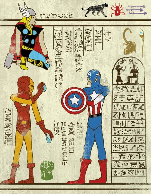 Marvel Avengers characters Thor, Iron Man, and Captain America reimagined in a classic ancient Egyptian artistic style.