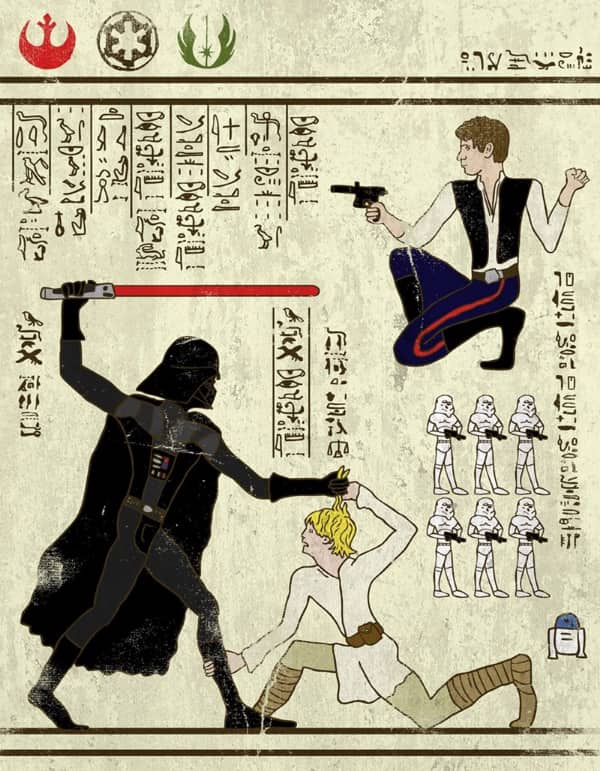 Star Wars scene of Darth Vader, Luke Skywalker, and Han Solo depicted as ancient Egyptian wall hieroglyphs.