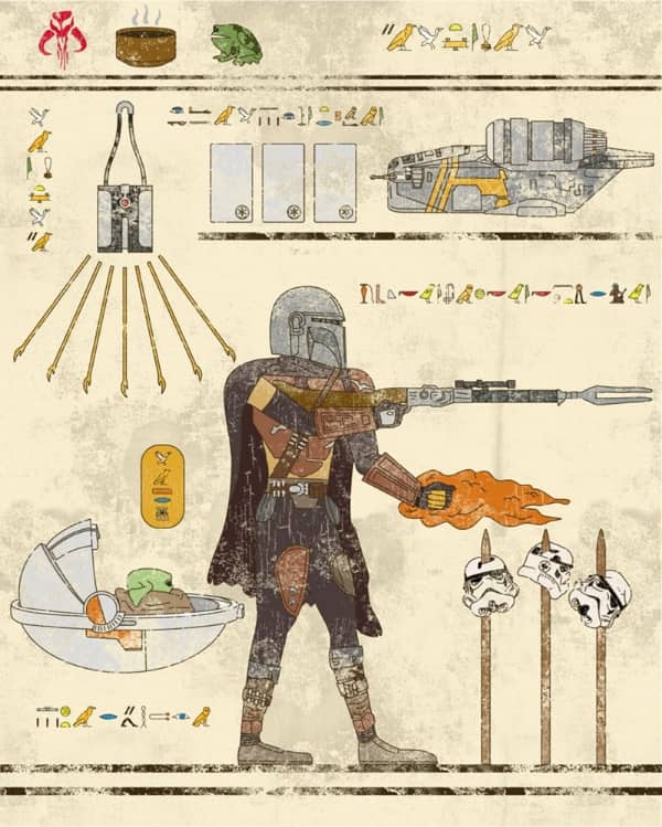 The Mandalorian and Grogu illustrated in Egyptian hieroglyphs with a Razor Crest ship and bounty hunting symbols.