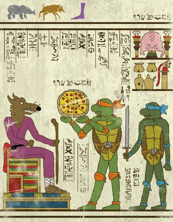 Teenage Mutant Ninja Turtles and Master Splinter depicted as hieroglyphs offering a pizza to a seated deity.