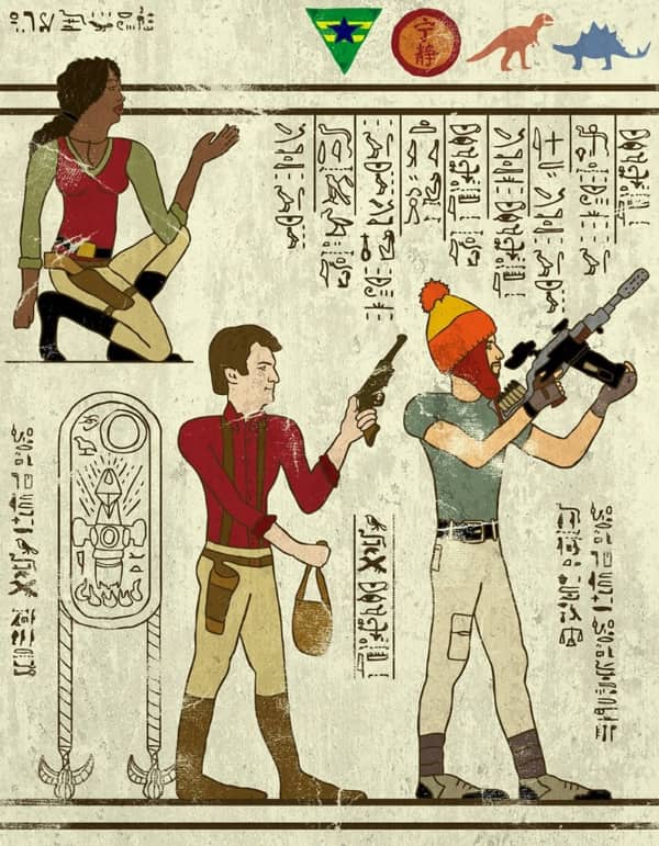 Firefly crew members Mal Reynolds, Zoe, and Jayne Cobb illustrated as ancient Egyptian figures with Serenity ship.
