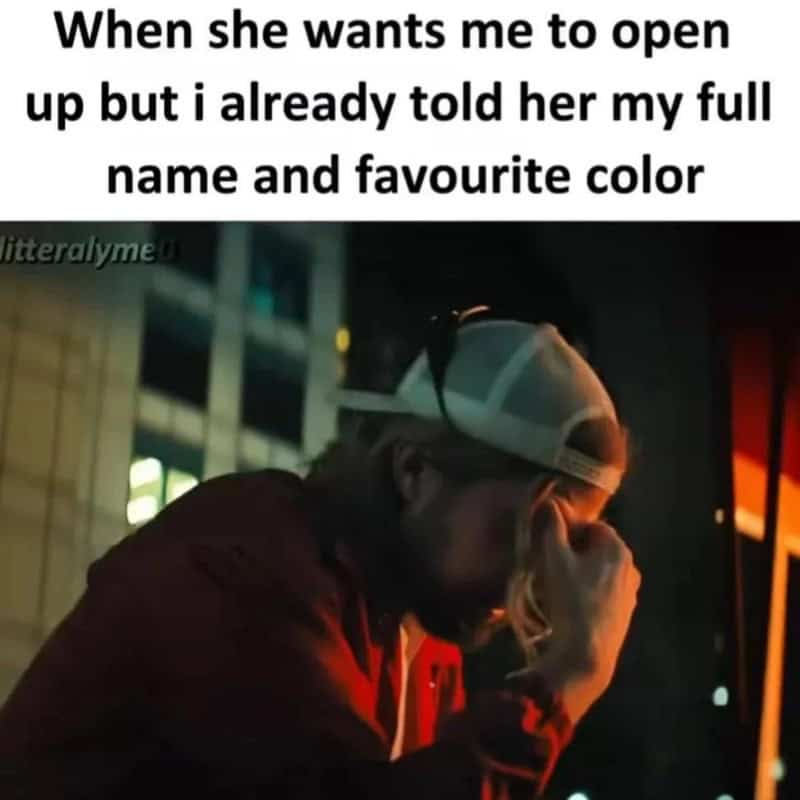 Stressed man in a cap representing the struggle of opening up after sharing basic personal facts.