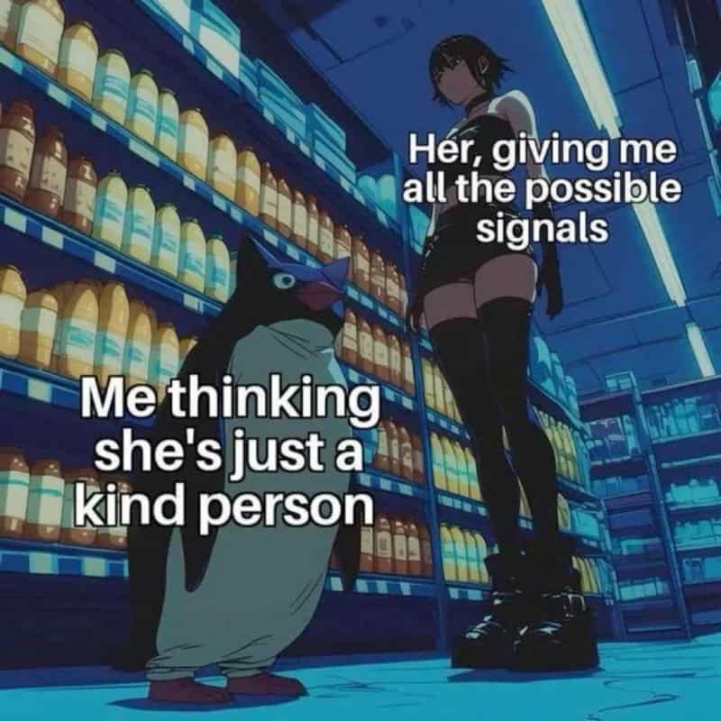 Anime-style meme about a guy misinterpreting obvious romantic signals as someone just being a kind person.