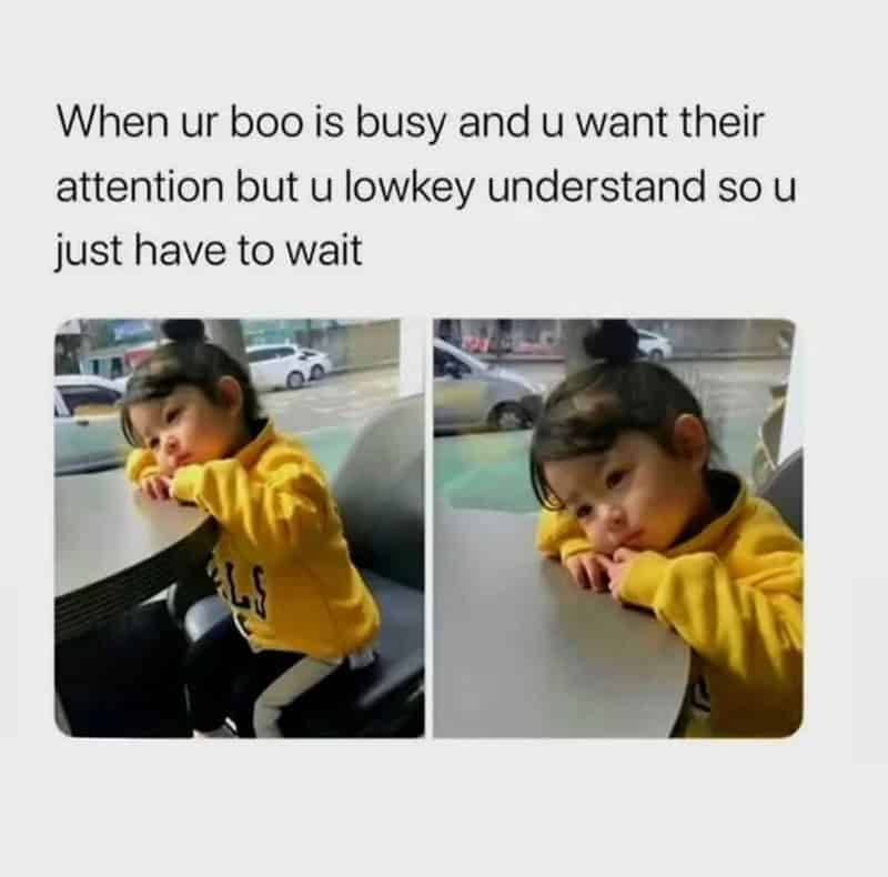 A two-panel image of a patient toddler waiting at a table, representing waiting for a busy partner.