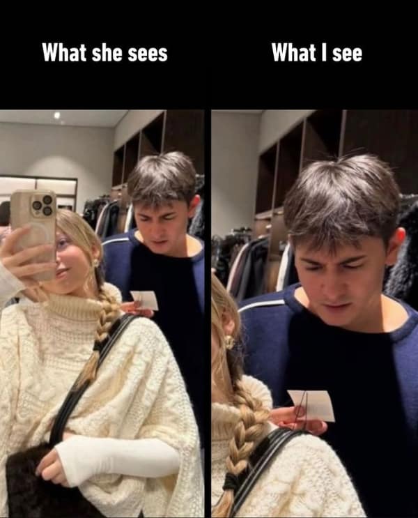 A relatable relationship meme comparing perspectives while shopping, where the girlfriend sees a cute selfie opportunity and the boyfriend zooms in on the expensive price tag.