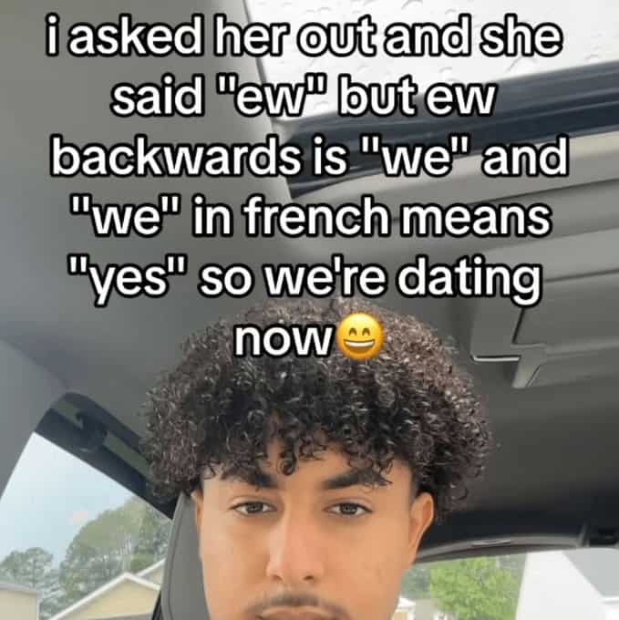 Young man explaining how "ew" backwards means "yes" in French to justify dating.