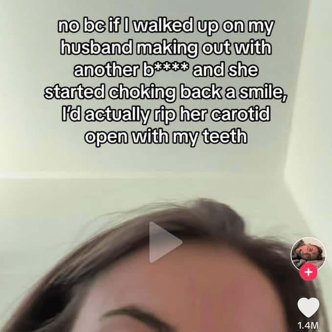 Close-up of a woman's forehead with a text overlay about a violent reaction to infidelity.