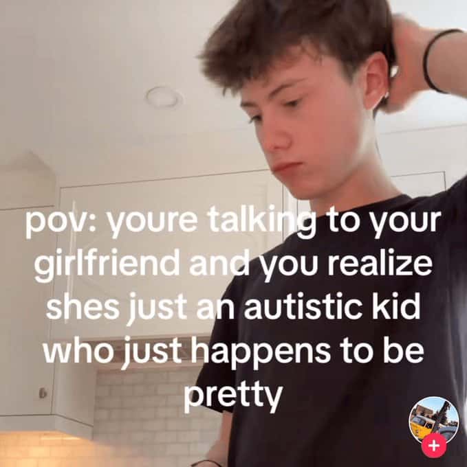 Young man realizing his pretty girlfriend is just an autistic kid in a pov shot.