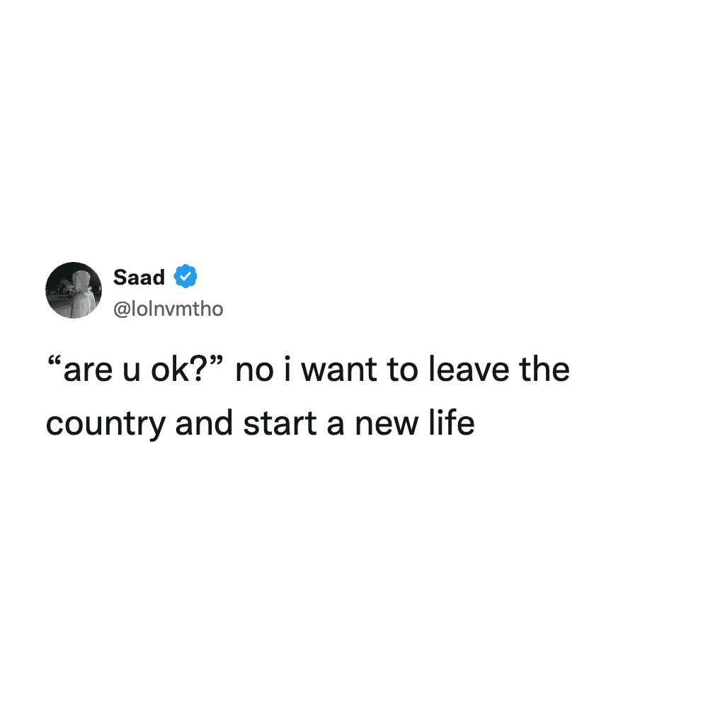 A tired meme responding to the question "are u ok?" with the honest desire to simply "leave the country and start a new life."