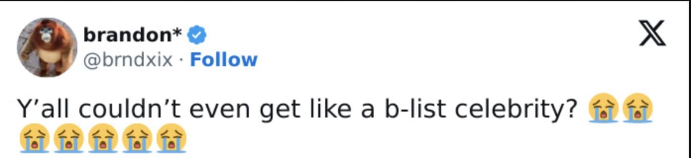 A viral tpusa halftime show meme tweet crying about the inability to book even a B-list celebrity for the event.