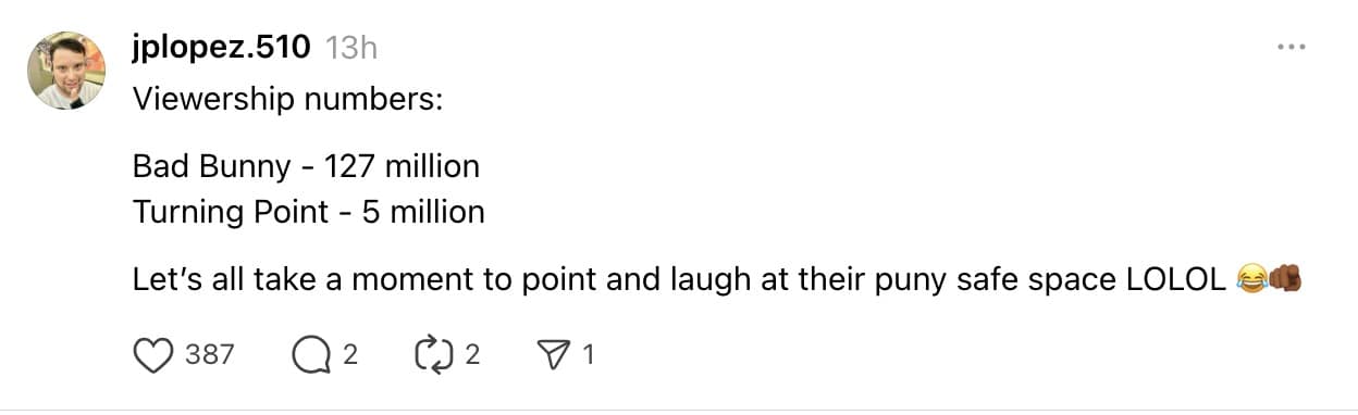 A stats-based tpusa halftime show meme comparing Bad Bunny's 127 million views to TPUSA's 5 million.