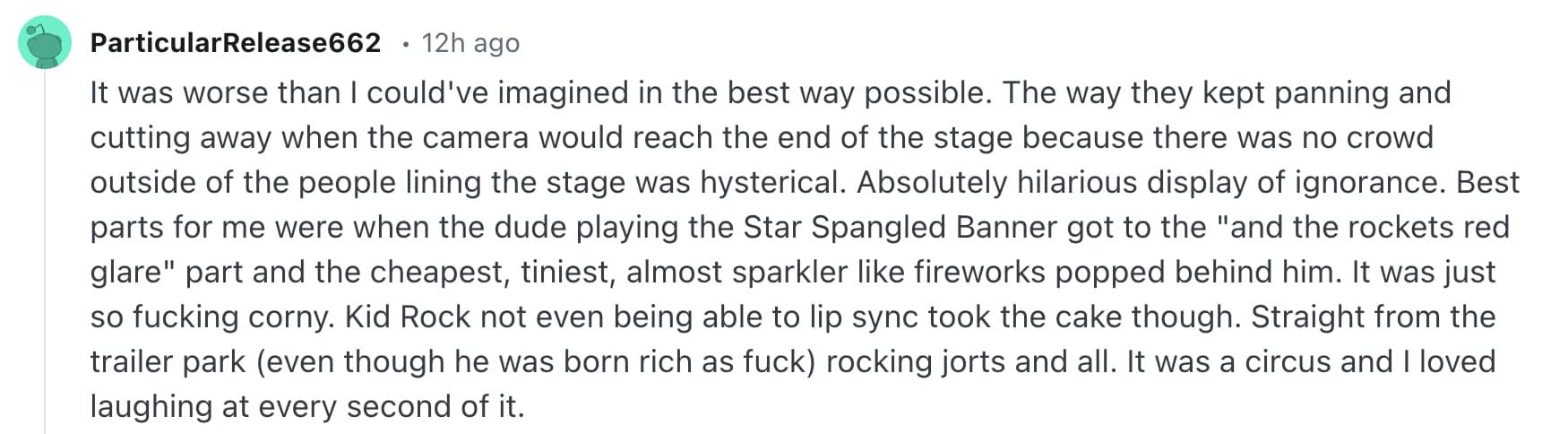 A detailed review tpusa halftime show meme describing empty crowds, tiny fireworks, and Kid Rock's bad lip-syncing.