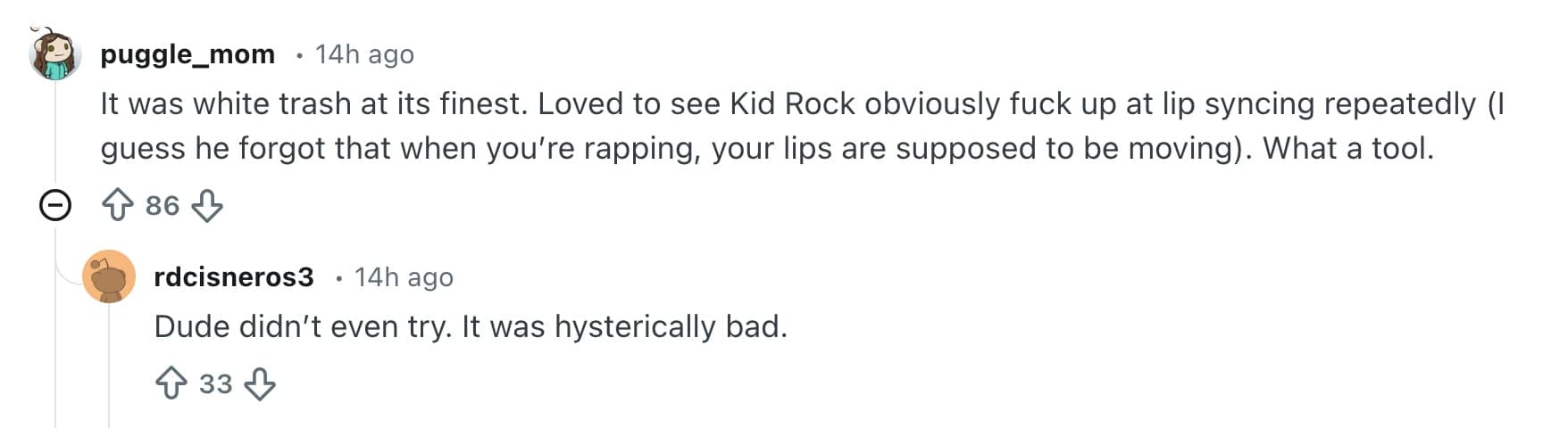 A scathing tpusa halftime show meme comment criticizing Kid Rock for failing to move his lips while "rapping."