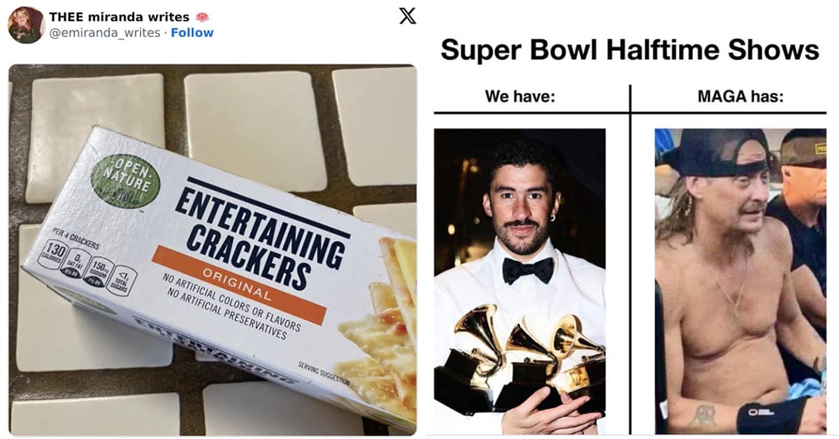 A compilation of the best maga halftime show memes featuring Kid Rock, a box of crackers, and a viewership comparison chart.