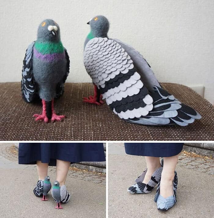 Hyper-realistic pigeon-shaped high heels featuring grey felt feathers and pink bird claw heels.