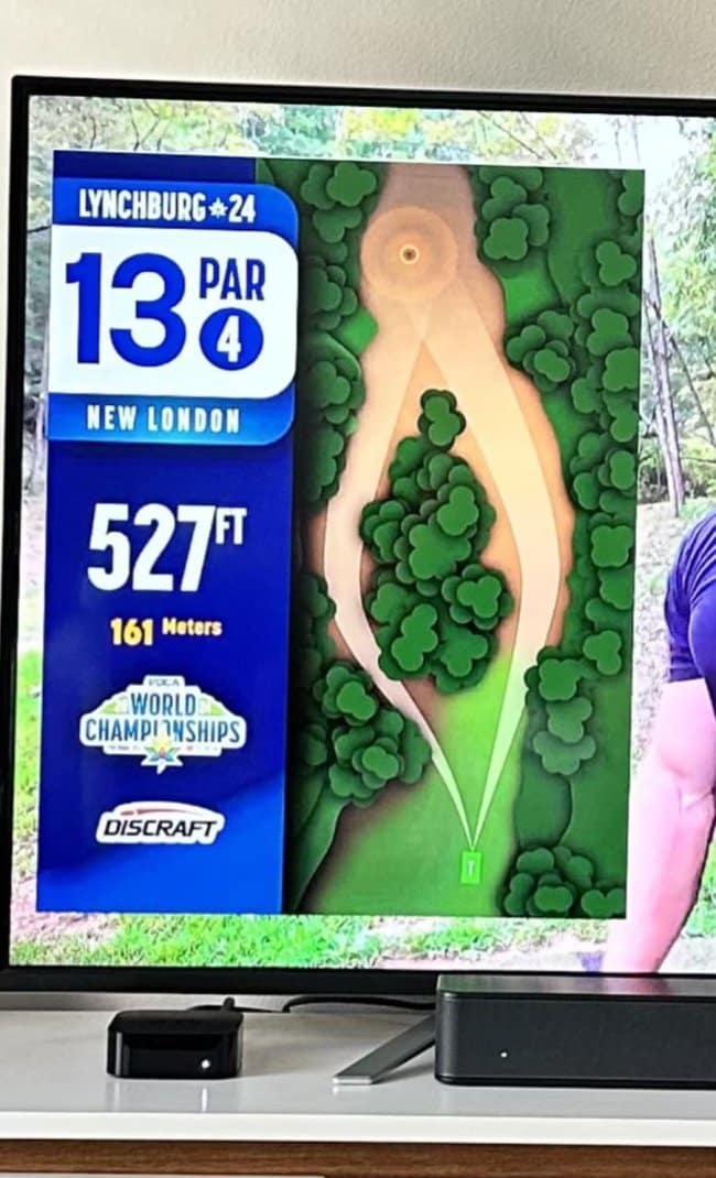 A disc golf TV broadcast showing a course map for "Lynchburg Hole 13," revealing an unfortunate design where the fairways and clusters of trees form a distinctly accidentally nsfw shape.