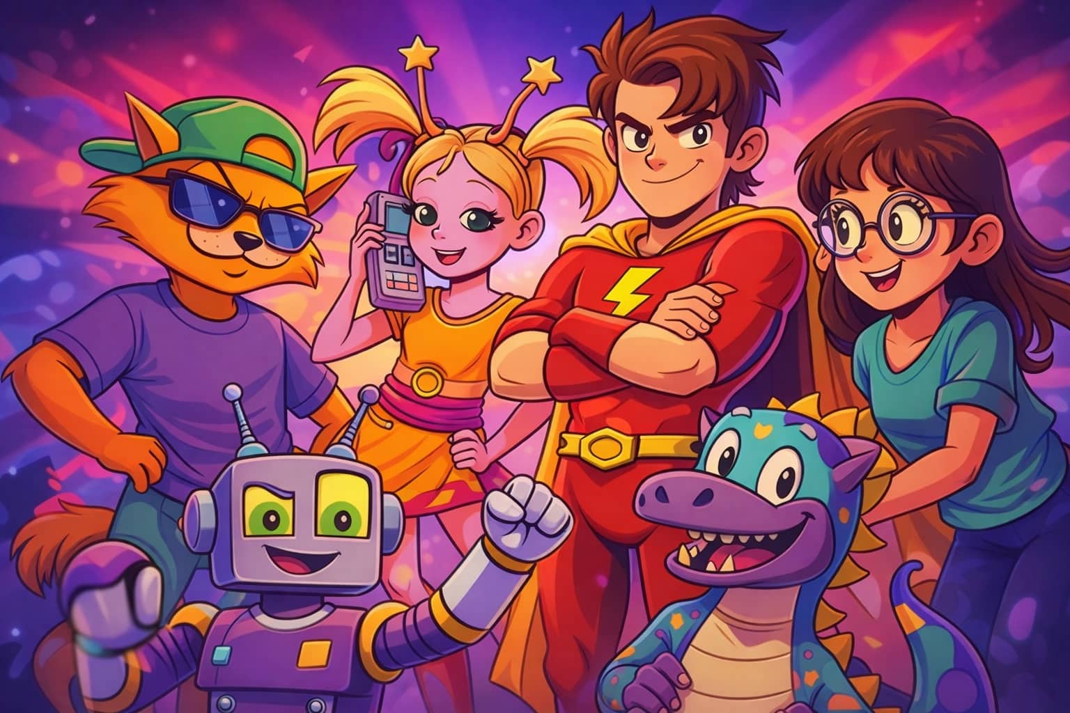 Colorful group of 90s style cartoon characters and monsters for nostalgic 90s cartoon memes.