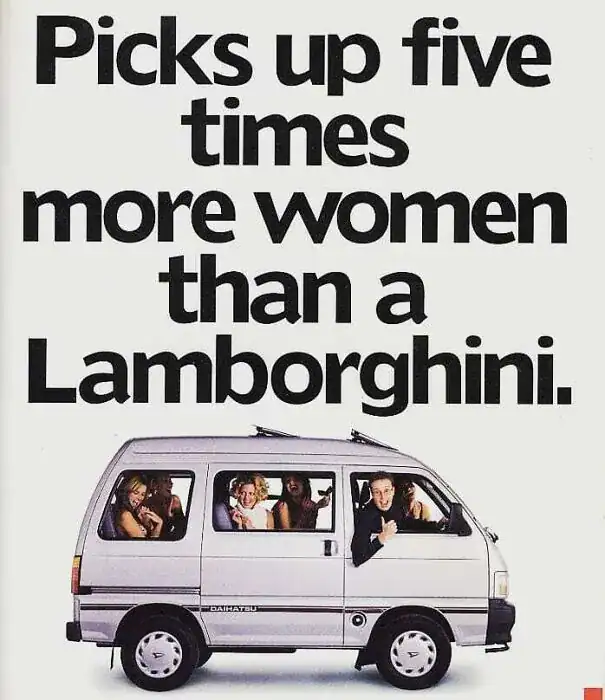 A hilarious vintage ad for a Daihatsu van claiming it "picks up five times more women than a Lamborghini."