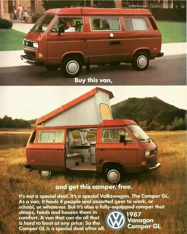 A vintage ad for the 1987 Volkswagen Vanagon Camper GL showing the vehicle transforming into a camper.