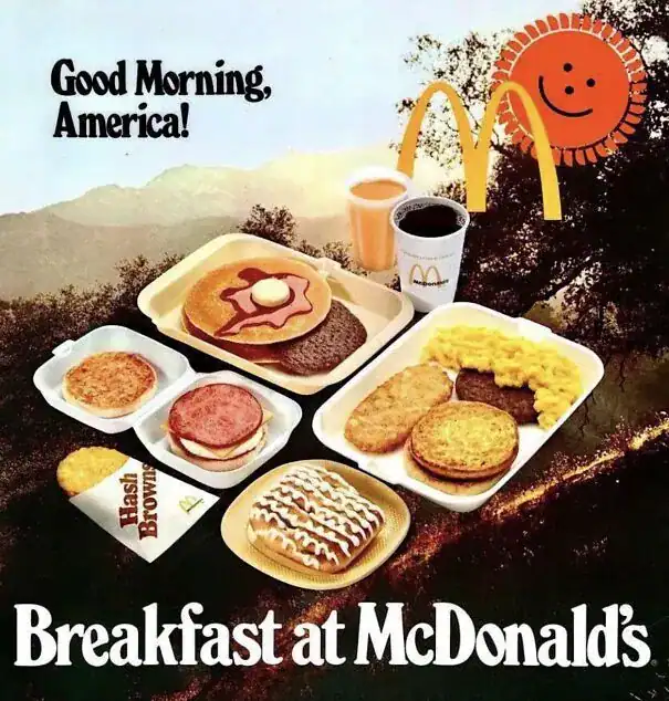 A vintage ad for McDonald's breakfast featuring a full spread of pancakes, sausage, and hash browns.