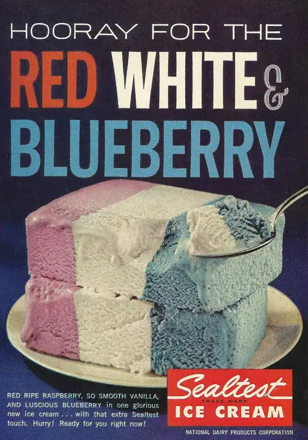 A colorful vintage ad for Sealtest "Red White & Blueberry" ice cream.