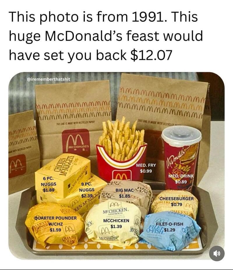 A vintage McDonalds image showing a massive spread of burgers, fries, and McNuggets from 1991 with a caption stating it cost $12.07.