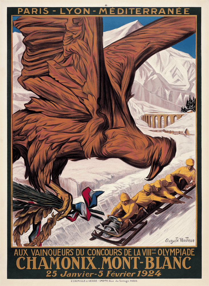 Vintage Winter Olympic poster for Chamonix 1924 featuring a giant eagle watching a bobsleigh team.