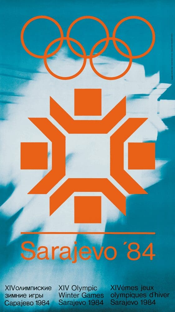 1984 Sarajevo Winter Olympics poster with an orange geometric snowflake logo on a blue background.
