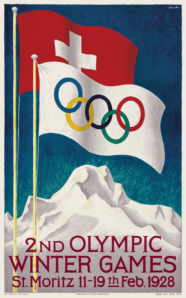 Official 1928 St. Moritz Winter Olympics poster with Swiss and Olympic flags over a snowy peak.