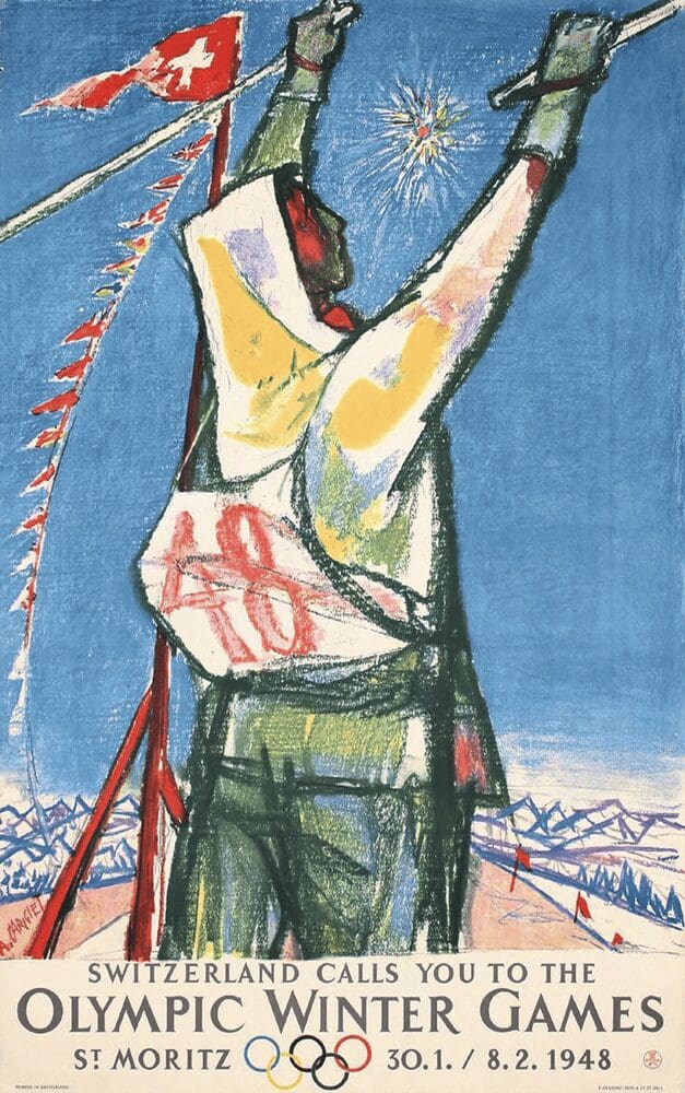 Artistic 1948 St. Moritz Winter Olympic games poster showing a skier with raised arms and flags.