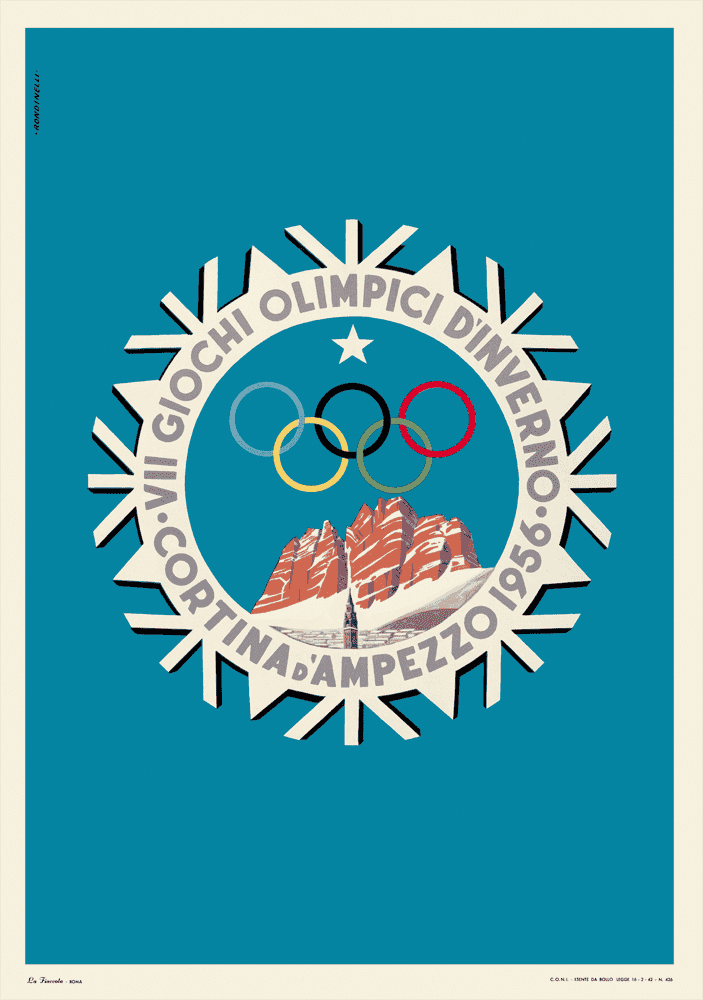 Graphic 1956 Cortina d’Ampezzo Winter Olympics poster with a snowflake emblem and Italian mountain peaks.