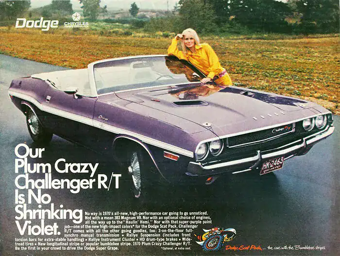 A 1970 advertisement for the purple Dodge Challenger R/T featuring a woman in yellow leaning on the hood.