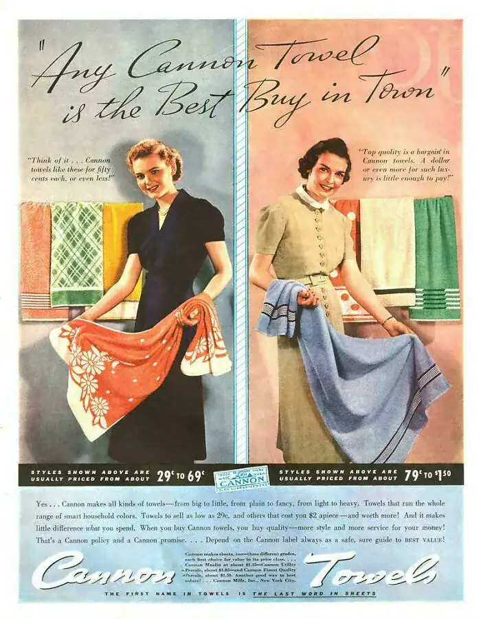 A vintage mid-century Cannon Towels advertisement featuring two women displaying colorful, floral-patterned bath towels.