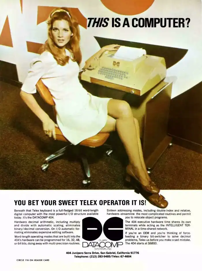 A vintage tech advertisement for the DATACOMP 404 computer featuring a woman sitting at a terminal.