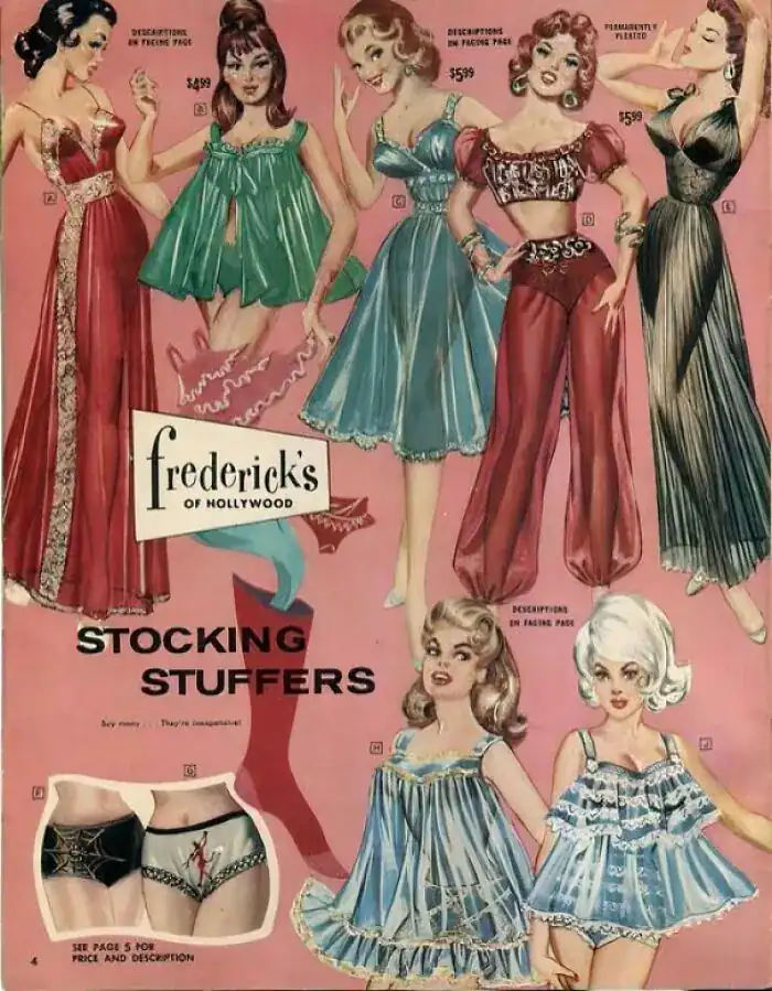 A colorful Frederick's of Hollywood catalog page from the mid-century featuring illustrated women in various lingerie styles.