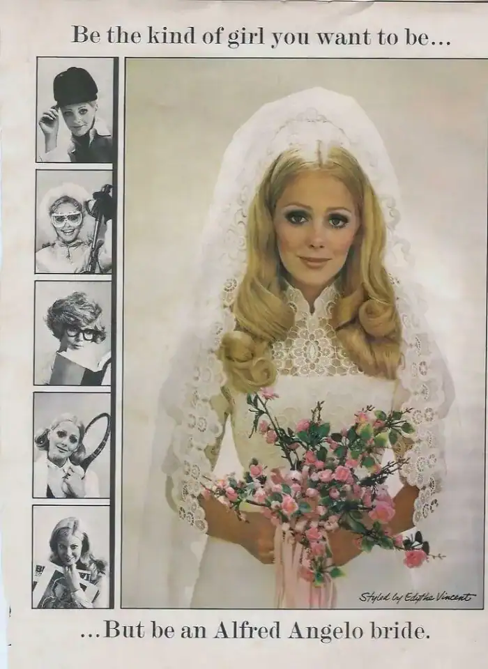 An Alfred Angelo bridal advertisement featuring a woman in a lace wedding gown and several smaller hobby-themed photos.