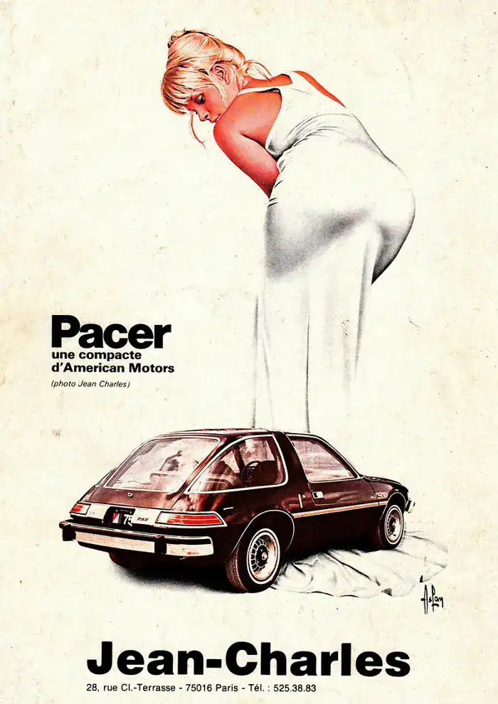 A French advertisement for the American Motors Pacer featuring a woman in a white dress standing behind the car.