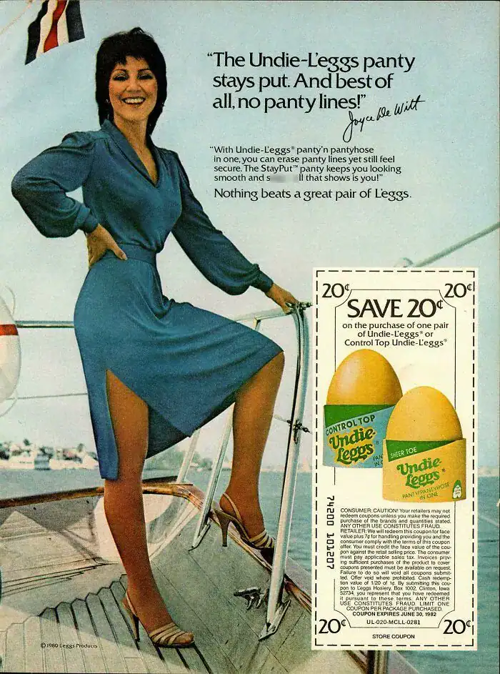 A 1980 L'eggs pantyhose advertisement featuring actress Joyce DeWitt on a boat with a 20-cent coupon.