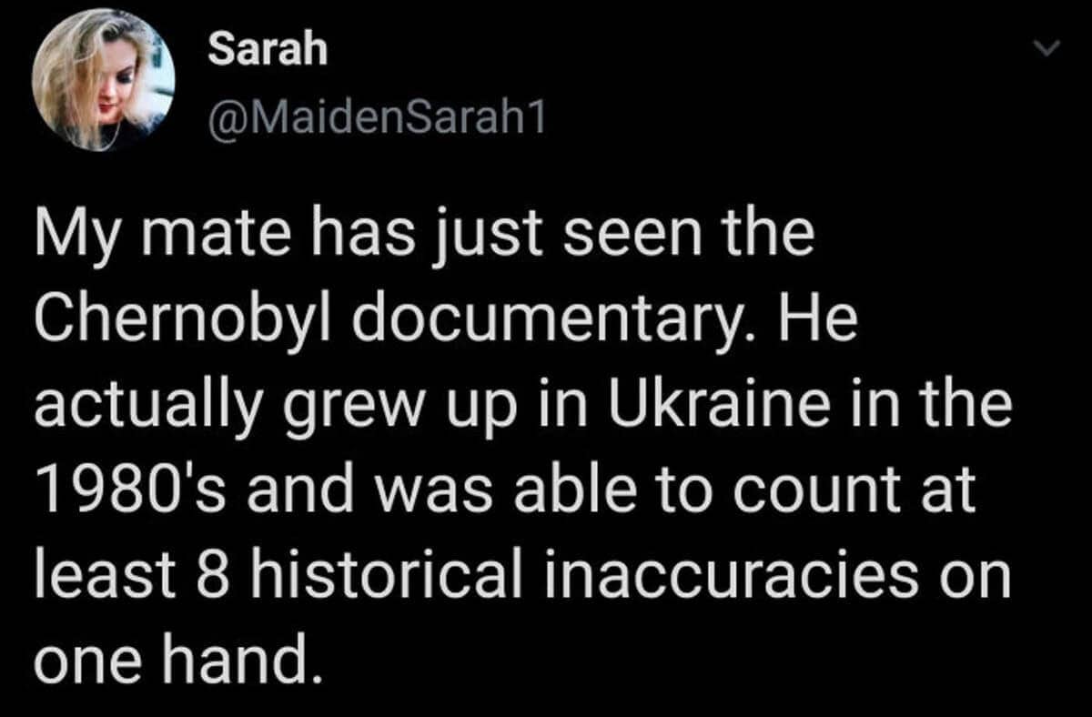 Text post about a man from Ukraine who could count eight historical inaccuracies on one hand.