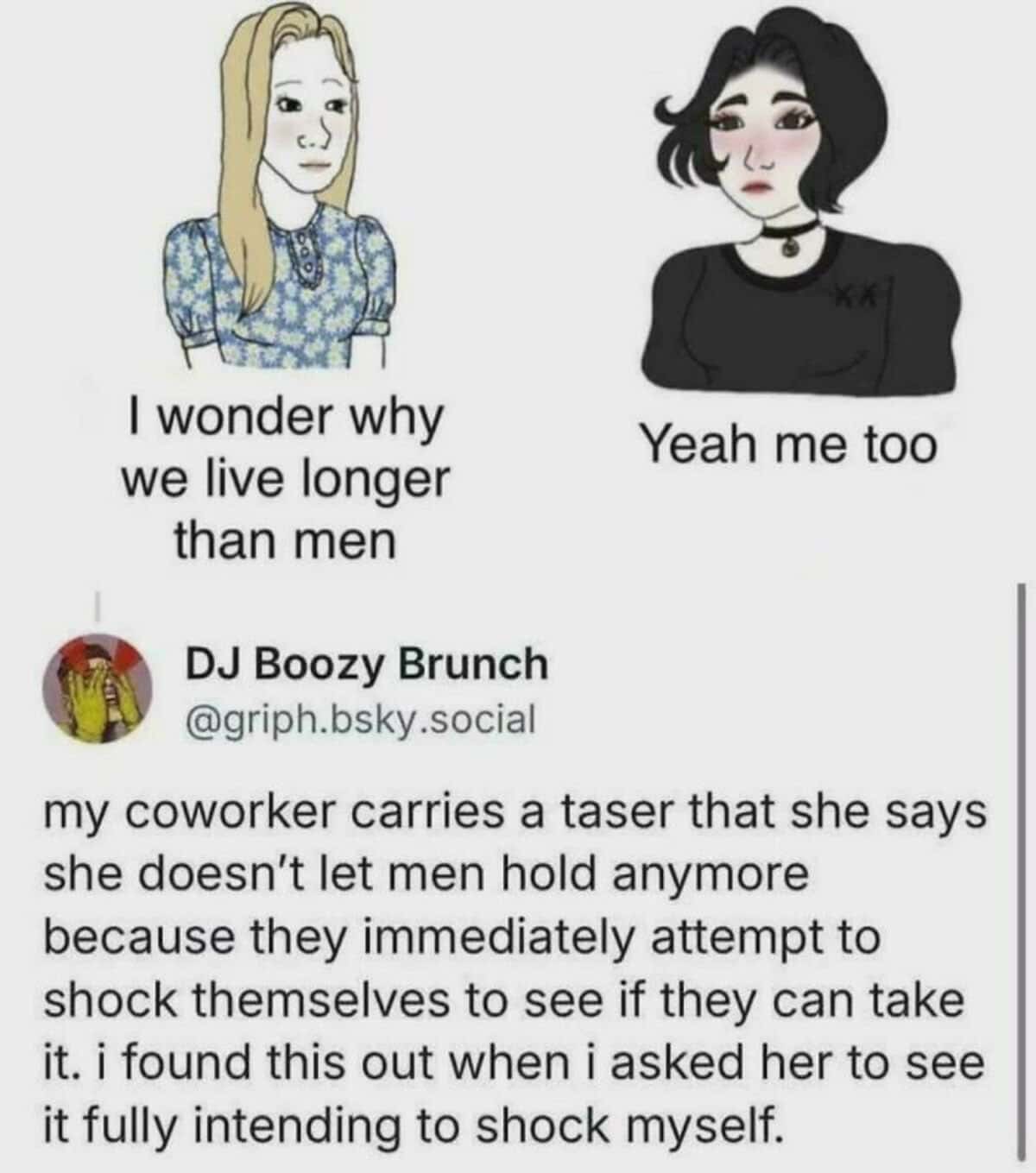 Meme explaining why women live longer than men with a story about guys trying to taser themselves.