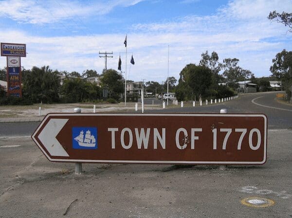 Seventeen Seventy Queensland road sign featuring a sailing ship icon pointing toward the historic town.