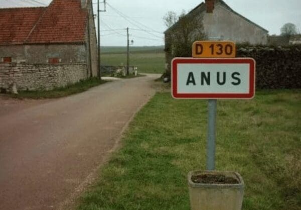 Small white road sign for the French village of Anus located along road D 130.