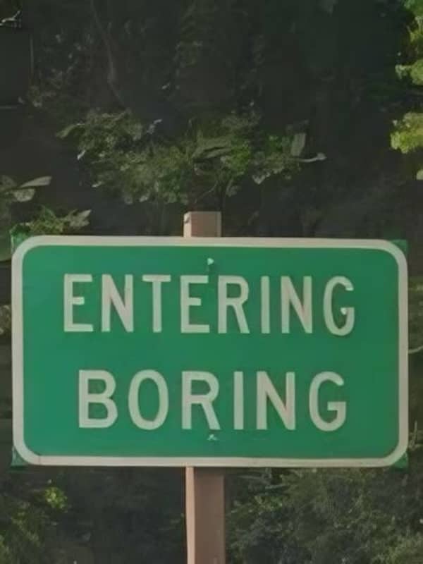 Green highway sign with white text simply stating Entering Boring against a backdrop of trees.