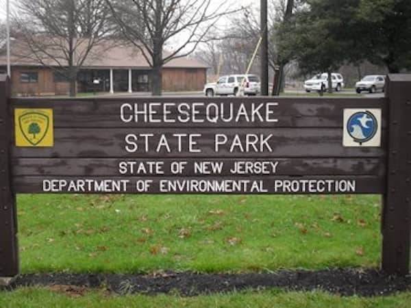 Cheesequake State Park wooden sign in New Jersey managed by the Department of Environmental Protection.