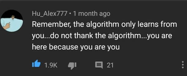 A wholesome comment on YouTube reminding users that the algorithm reflects them, saying "you are here because you are you."
